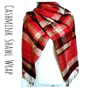 Large Cashmink Plaid Shawl Scarve Scarf Wrap Fringes Red Brown